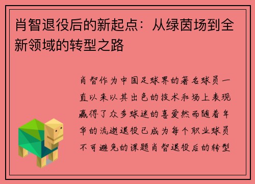 肖智退役后的新起点:从绿茵场到全新领域的转型之路 肖智退役后的新起点:从绿茵场到全新领域的转型之路