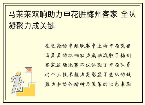 马莱莱双响助力申花胜梅州客家 全队凝聚力成关键