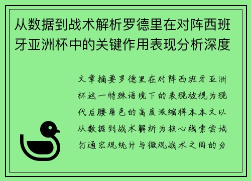 从数据到战术解析罗德里在对阵西班牙亚洲杯中的关键作用表现分析深度 从数据到战术解析罗德里在对阵西班牙亚洲杯中的关键作用表现分析深度